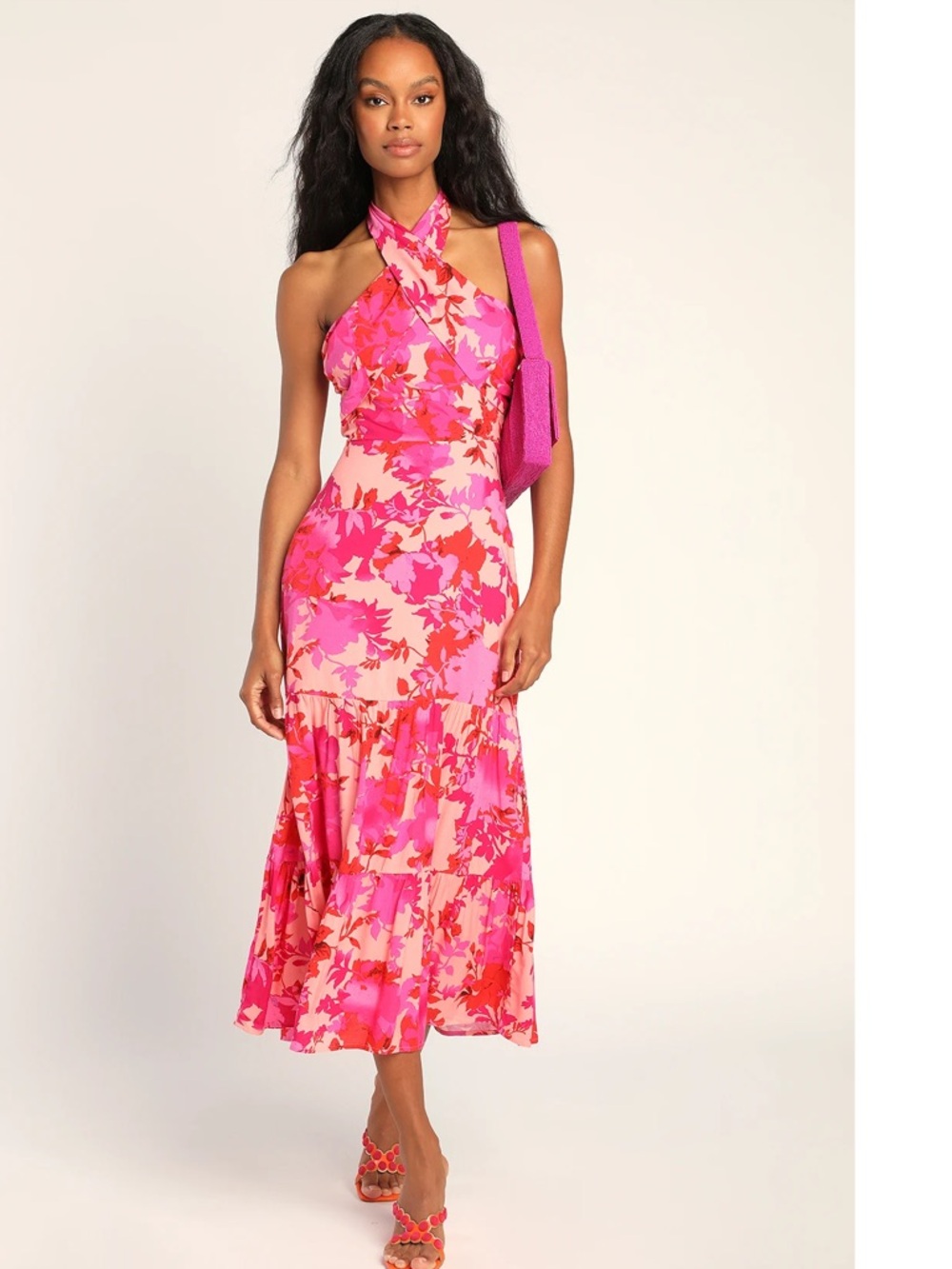 Lulus Always Eye-Catching Hot Pink Floral Tiered Halter Rayon Midi Dress NWT Med
